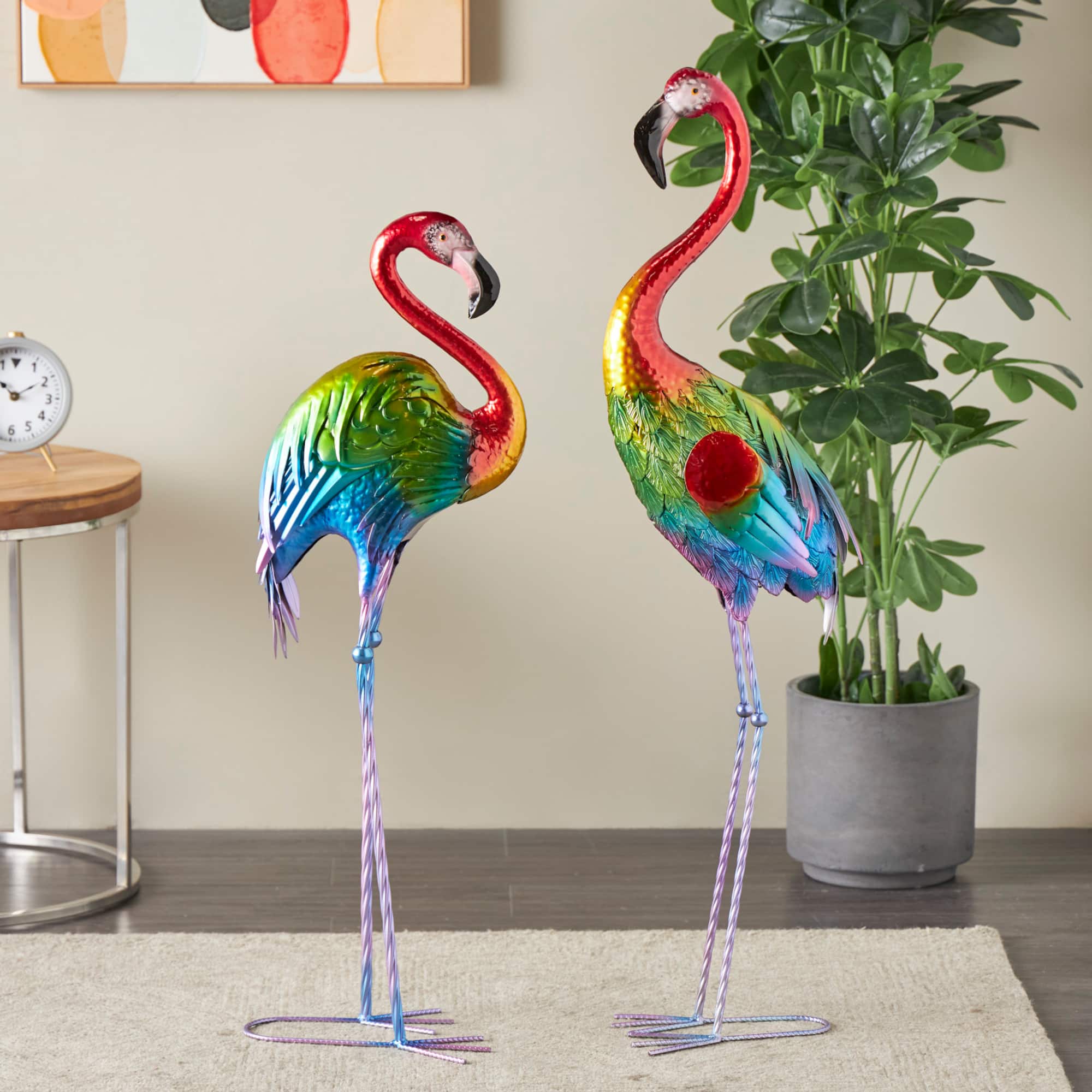 Tall Rainbow Textured Metal Flamingo Garden Sculpture Set
